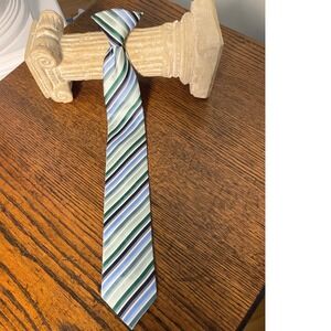 Kids Striped Necktie Clip On Blue Green White Formal Length 16 Inches